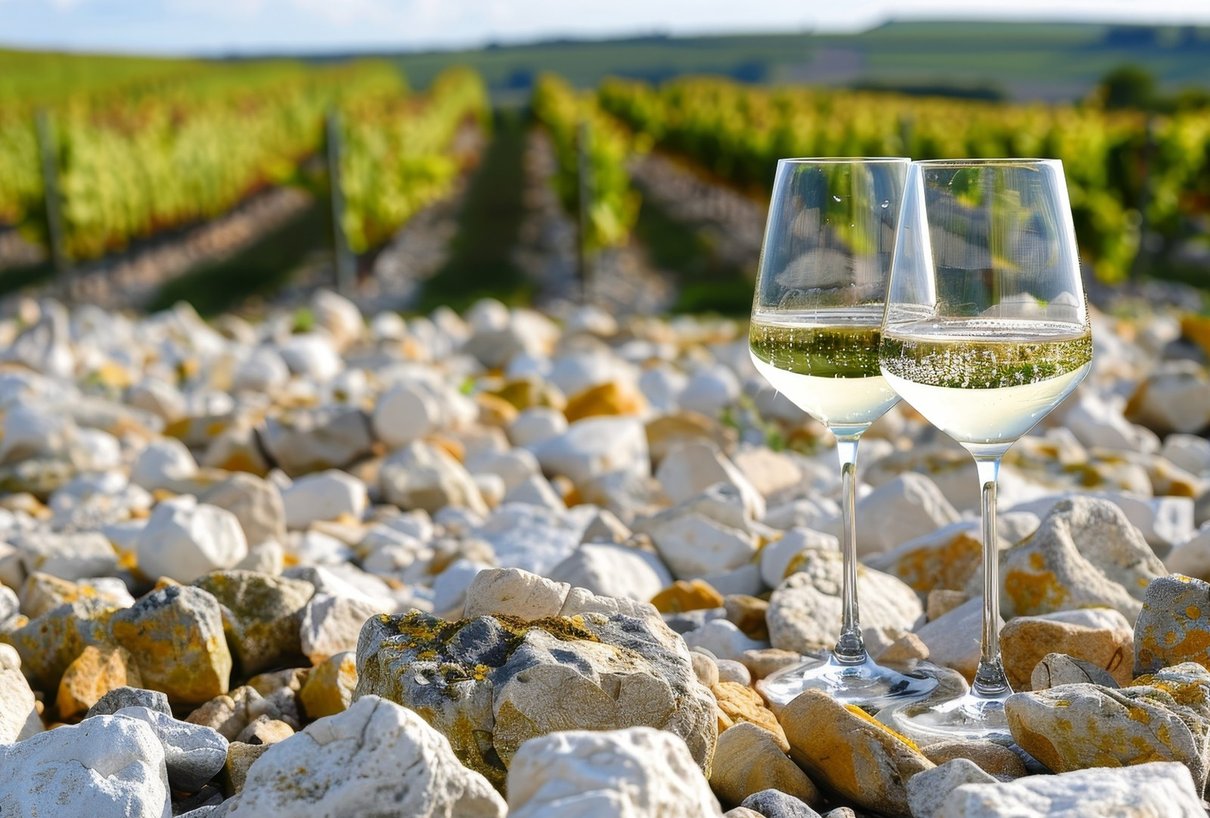Ta&ccedil;as de vinho branco sobre pedras calc&aacute;rias em Chablis