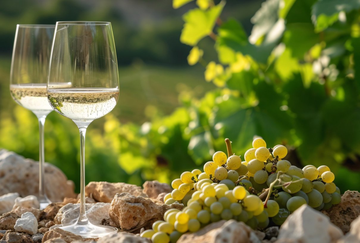Ta&ccedil;as de vinho branco entre vinhedos de Chardonnay