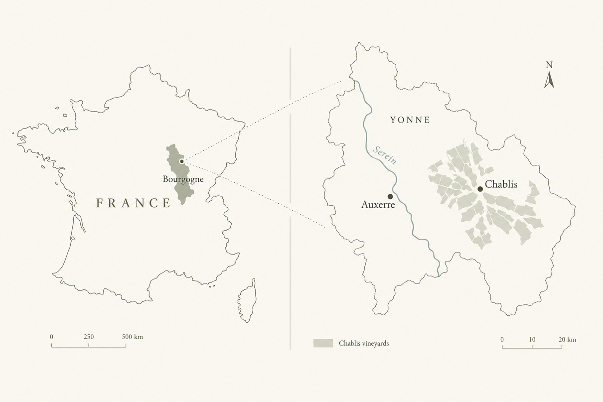 Mapa editorial situando Bourgogne, Yonne, Auxerre e Chablis na Fran&ccedil;a